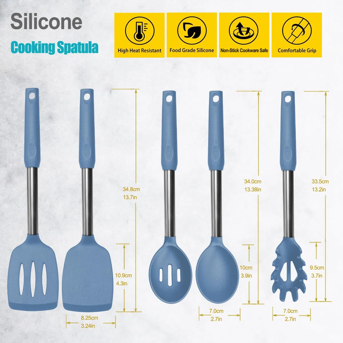 Espátula de silicona y cuchara de cocina, paquete de 5 cucharas y espátulas sólidas y ranuradas de silicona resistente al calor para cocina, mango de acero inoxidable recubierto con silicona,