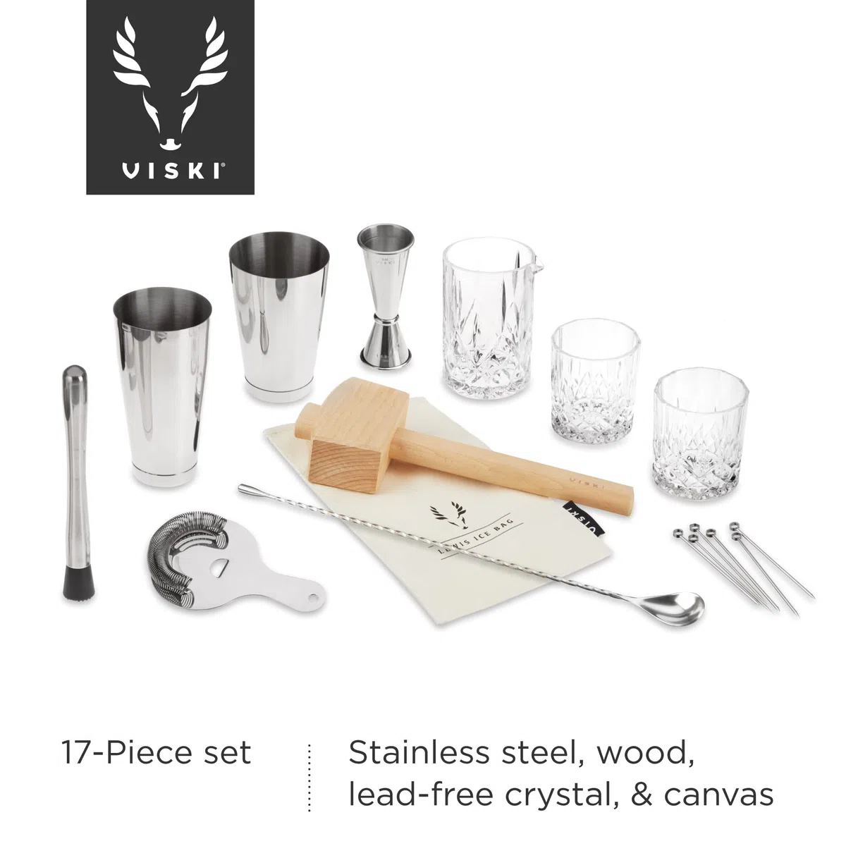 Viski El kit de camarero y el juego de utensilios de bar incluye coctelera Boston, vaso mezclador, medidor, mortero, colador, cuchara de bar, vasos de whisky, bolsa de hielo, mazo y palillos de cóctel