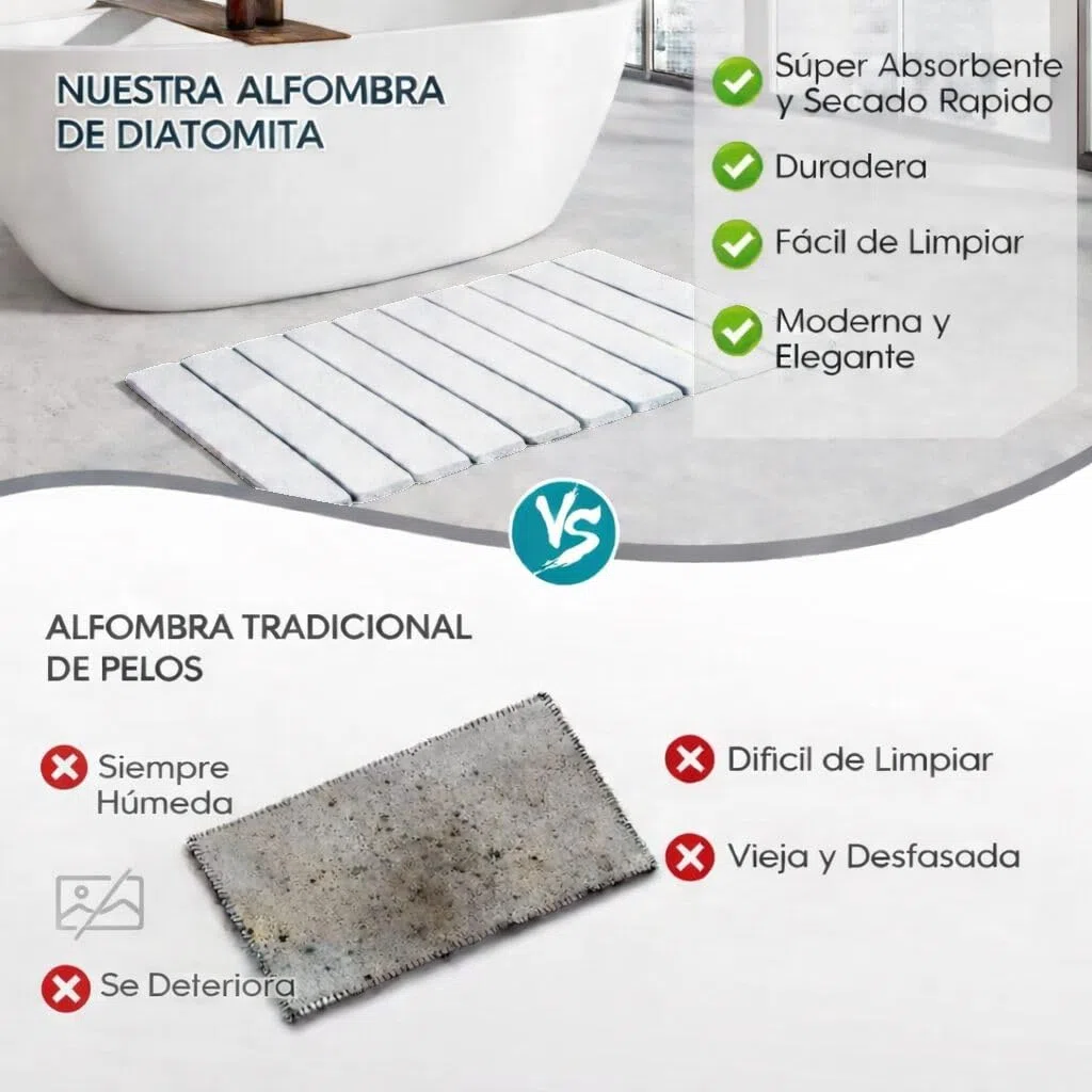 Alfombra Baño Diatomita XL 60x40cm Enrollable Secado Rápido + Malla Antideslizante – de Piedra Diatomea Anti Moho y Sin Olores – Ultra Absorbente Antideslizante para Ducha - Alta Absorción | Blanco
