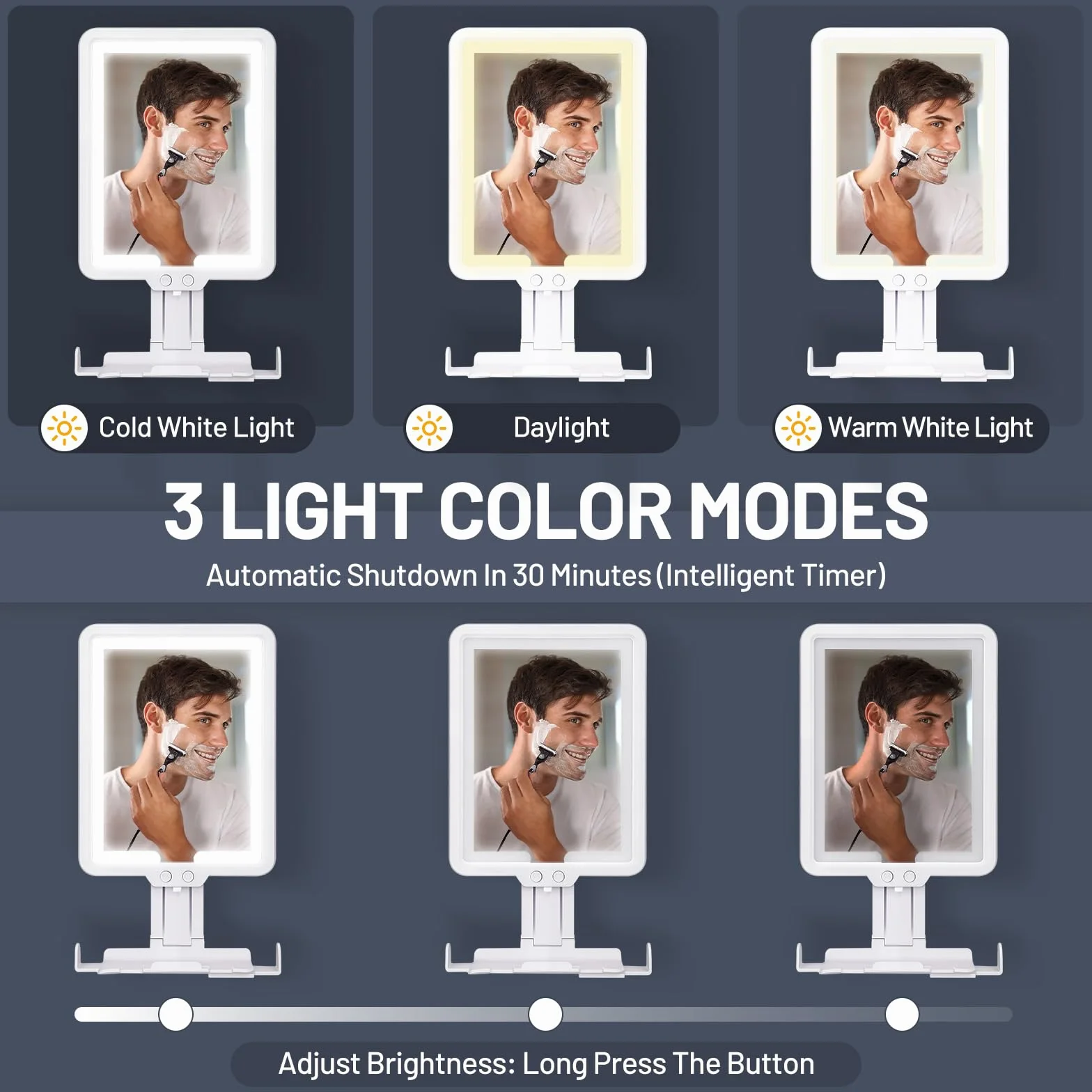 Espejo de Ducha antivaho LED,3 Temperaturas de Color Regulables,Espejo de duchasin vaho con luz Recargable con Compartimento y Soporte para Maquinilla,Montaje en Pared (Sin Taladrar),Blanco