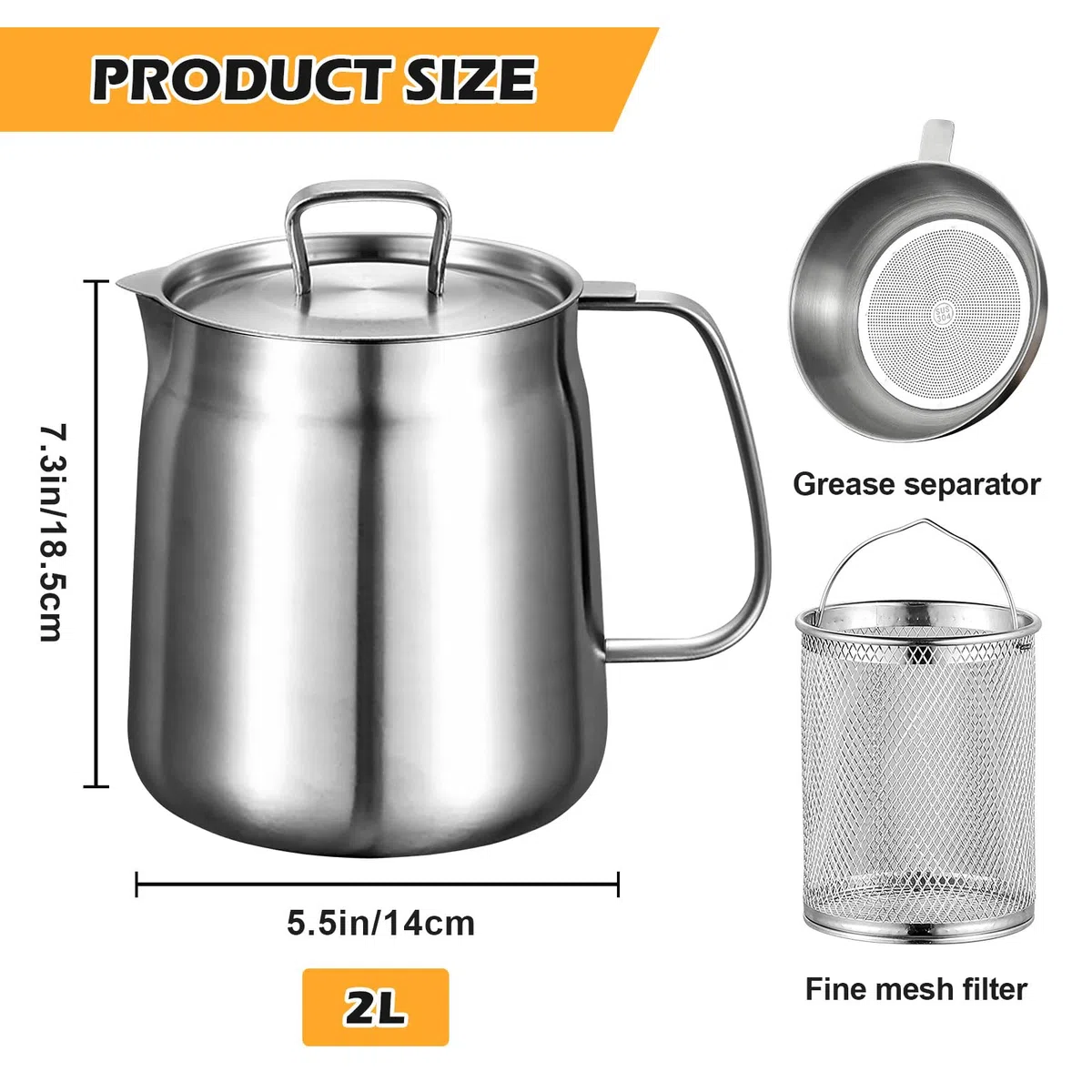 Recipiente para grasa de tocino, 2 L, mini olla de acero inoxidable con colador, filtro de aceite, recipiente para grasa de tocino, herramienta de cocina para almacenar aceite de fritura y grasa de