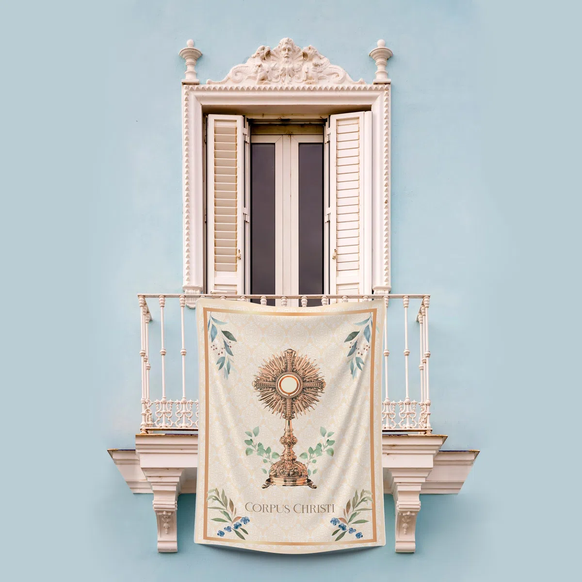 Balconera Corpus Christi Semana Santa Religiosa. Decoración religiosa de tela 70x100 cm. Colgadura con damasco blanco. Beige. Flores. Decoración balcón. Tela impresa con imagen Corpus Christi (3)