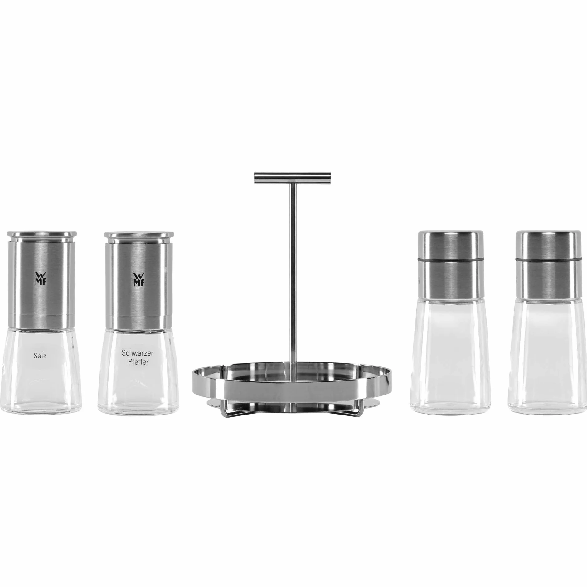 WMF – Juego de 5 Piezas Que Incluye dosificadores, salero y pimentero, Soporte de Acero Inoxidable Cromargan, Cristal Inoxidable, Apto para lavavajillas
