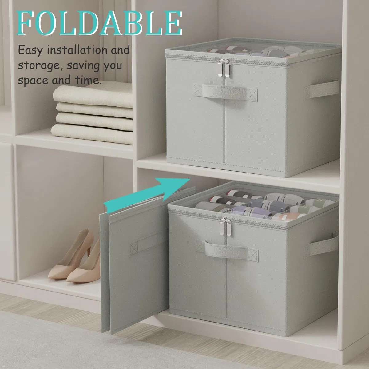 Cajas Organizadoras, Cabe 12 Pares, Guarda Zapatero con Cubierta Transparente, Cestos Almacenaje Plegable con 3 Asas Reforzadas, 43 x 43 x 33 cm, Gris, XSNX01GM-1