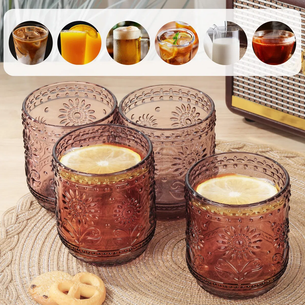 Joeyan Vasos Cristal Colorido,360ml Púrpura Vaso de Agua Modernos, Vaso de Vidrio con Estampado de Flores, Juego de 4 para Limonada Bebidas de Jugo Cola cóctel Cafe Sidra, Apto para Lavavajillas