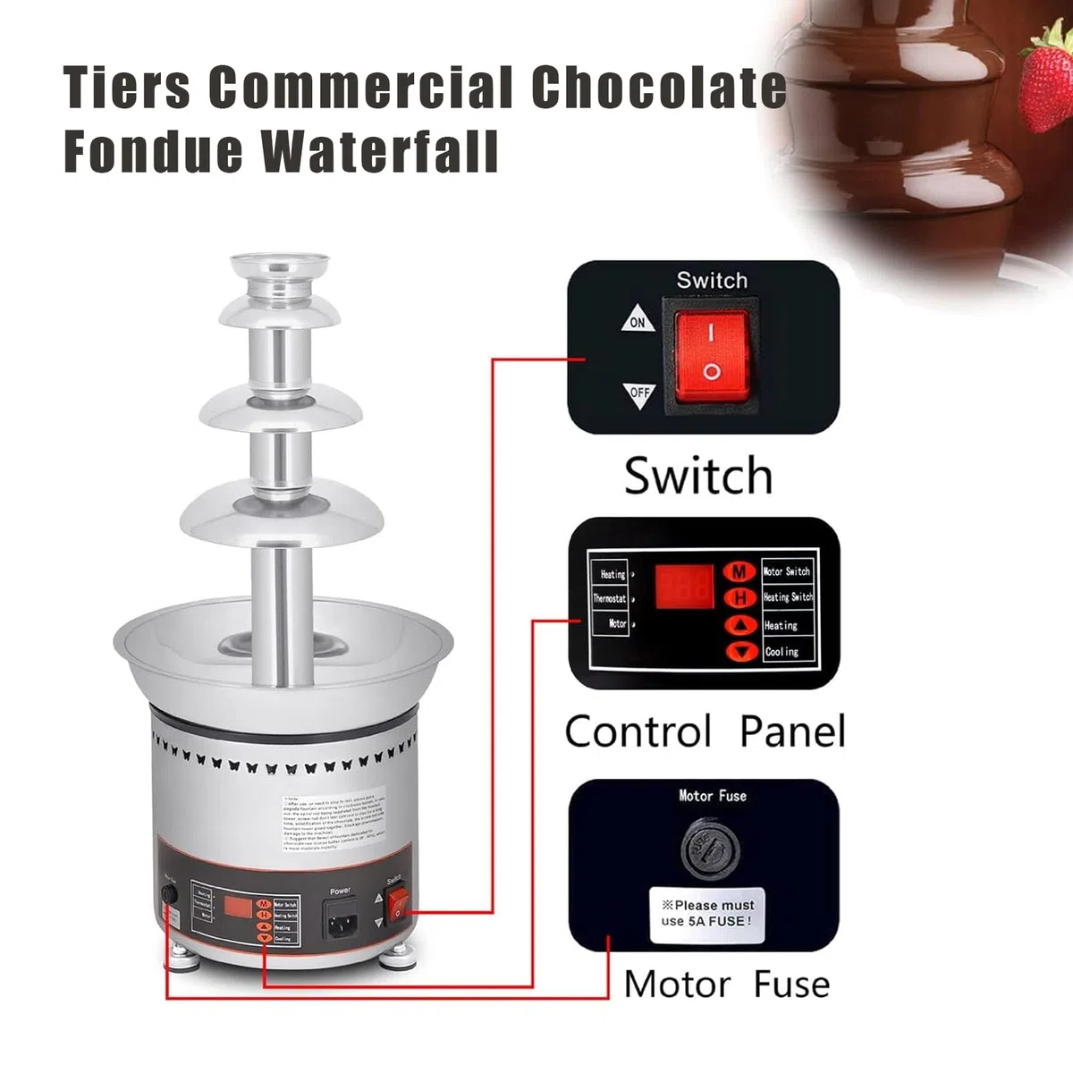 Fuente De Chocolate Profesional, Torre De Fondue De Chocolate Caliente Comercial 4/5/6 Niveles En Acero Inoxidable para Derretir Y Calentar Nachos, Queso, Licores En Fiestas Y Bodas
