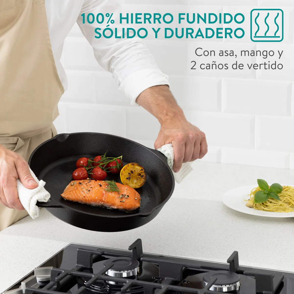 Navaris Sarten Hierro Fundido Induccion 30 cm - Sartenes de Hierro Fundido Induccion Vitrocerámica Horno Barbacoa Cocina de Gas - Sartén Antiadherente 30 cm con 2 Asas - Cast Iron Pan