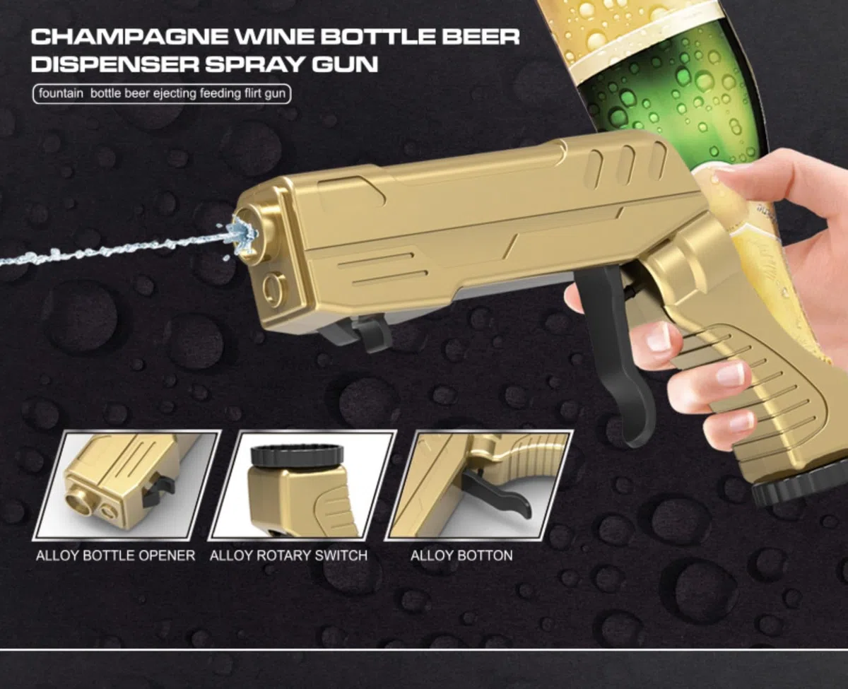 Pistola rociadora de metal para champán y cerveza con abridor de botellas: pistola rociadora versátil para vino, cerveza y champán en fiestas, junto a la piscina, playa, bares y bodas.