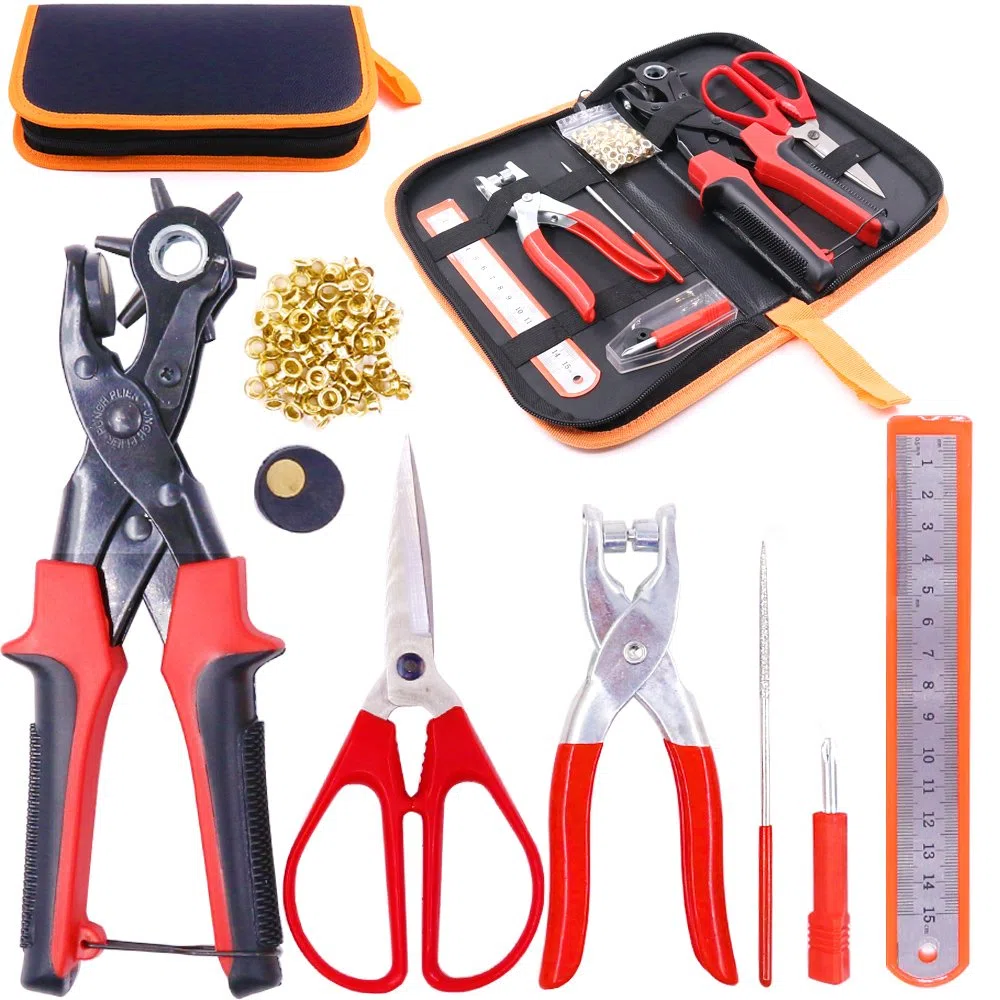 Glarks Alicates perforadores de metal ajustables resistentes para cinturón de cuero giratorio con alicates de ojales, kit de herramientas para cinturón, correas de reloj, sillín, zapatos, manualidades