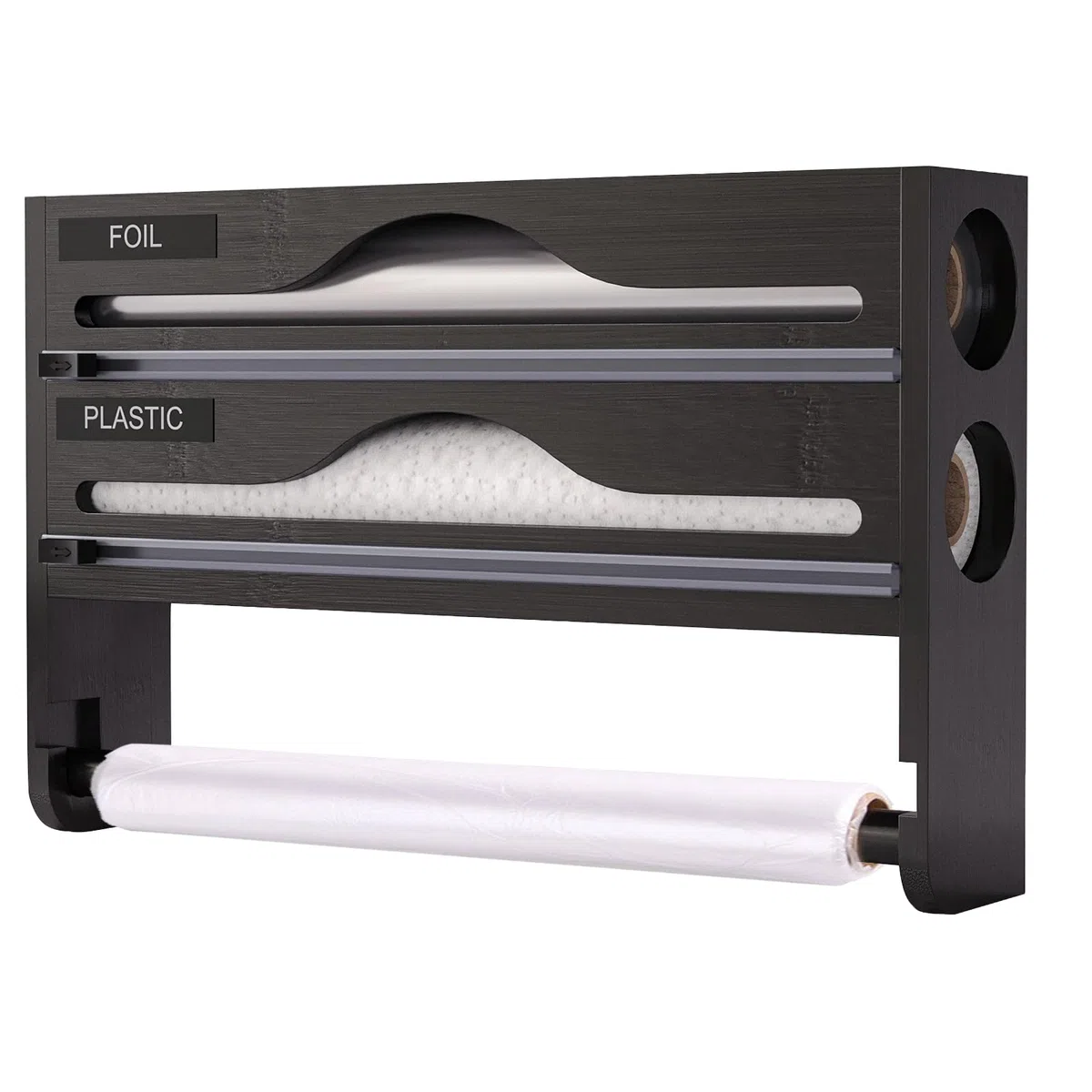 Dispensador Papel Aluminio y Film 3 in 1 con Portarrollos Cocina Dispensador de Láminas de Madera Organizador para Aluminio y Fim, 35,2x21x7cm