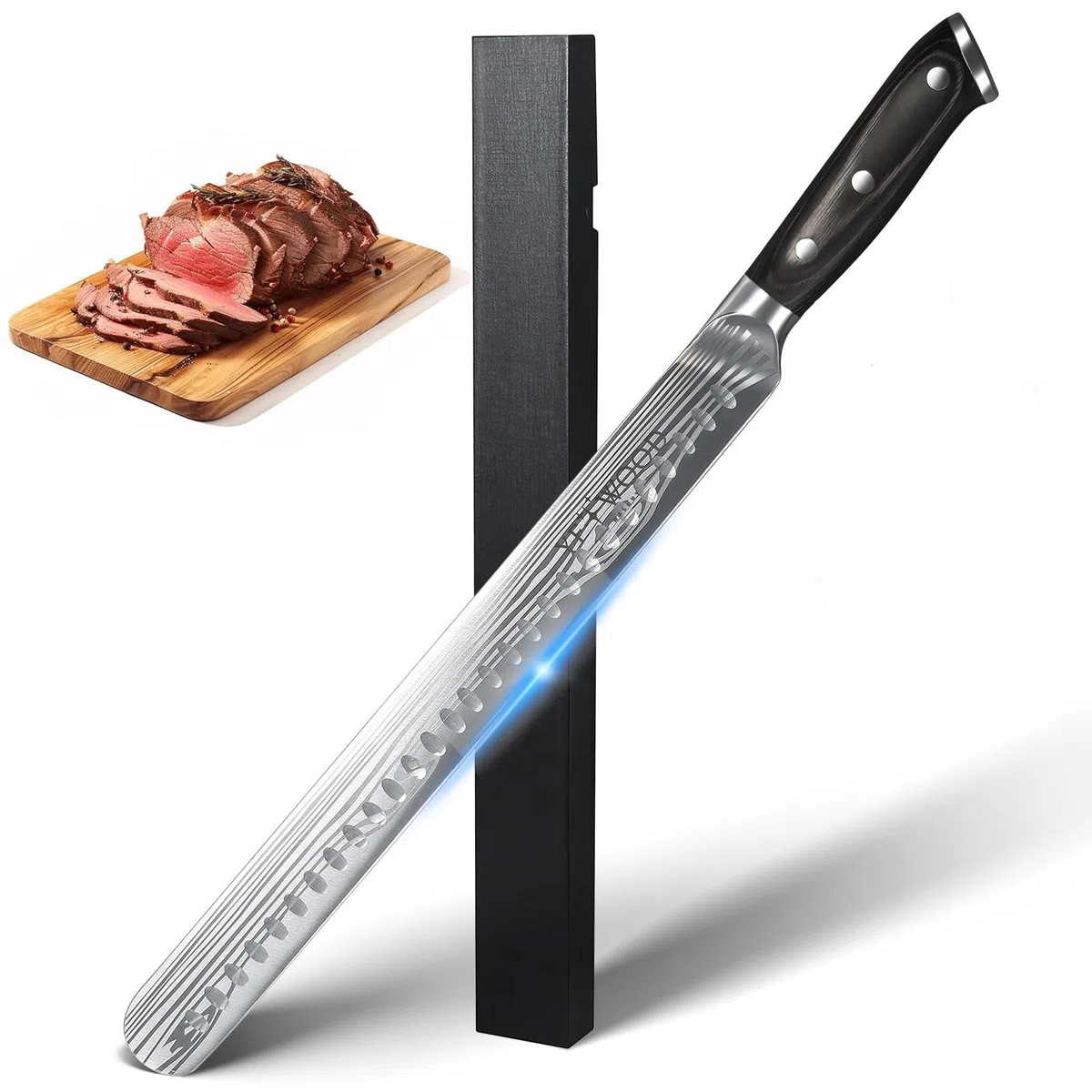 YFWOOD Cuchillo jamonero, cuchillo rebanador afilado de 30 cm, para salmón, para kebab, para carne y barbacoa, diseño de mango ergonómico, caja de regalo