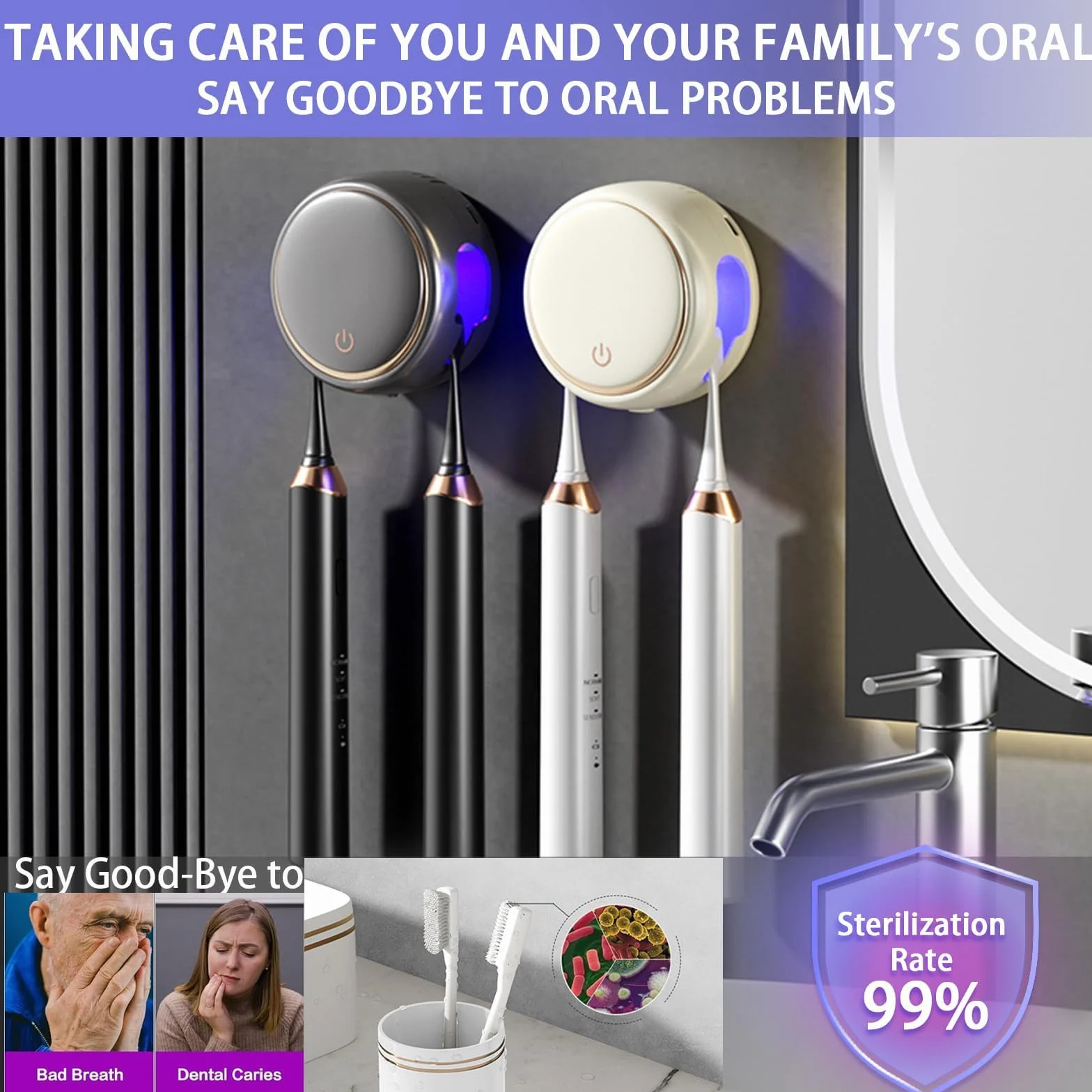 Organizador de cepillos de dientes con secado inteligente y esterilización, diseño montado en la pared para cepillos eléctricos y manuales, no requiere taladro, ideal para baño y viajes