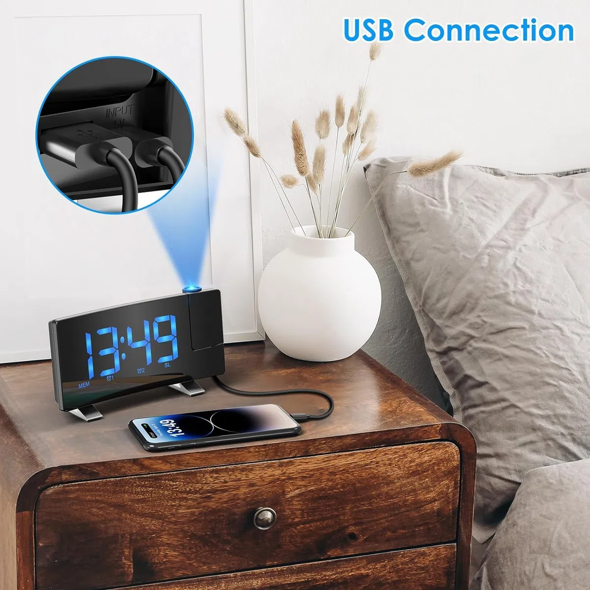 TAKRINK Radio Despertador Proyección de Techo Proyector De Techo con Radio FM Pantalla Grande Led 12 24h Puerto De Carga USB Dual Despertadores De Brillo Ajustable 15 Niveles De Volumen