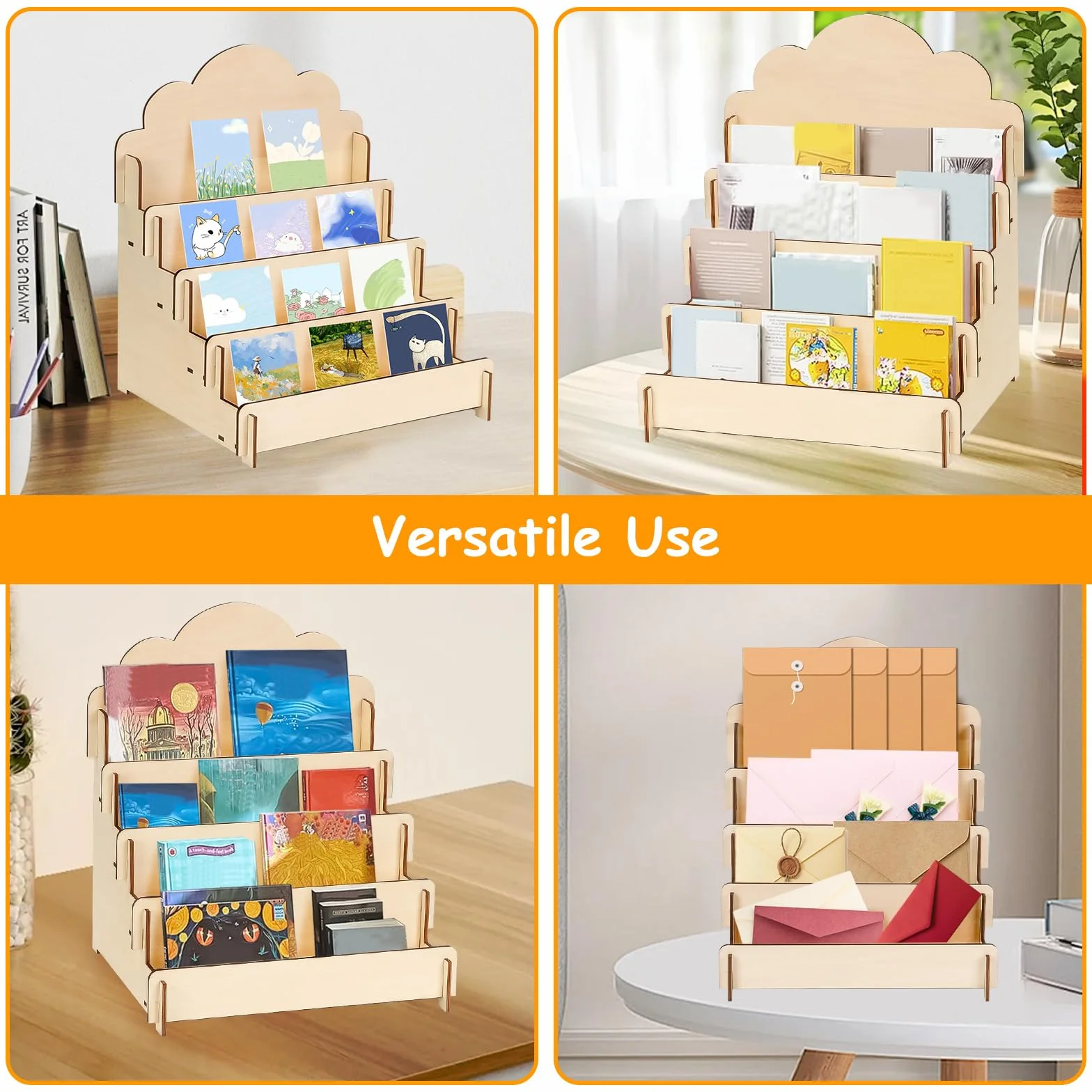 mumisuto Soporte de Exhibición de Tarjetas,Soporte de Exhibición de Pegatinas de Madera de 4 Niveles,Elevadores de Exhibición de Calcomanías de Madera para tarjetas, calcomanías, fotos, proveedor