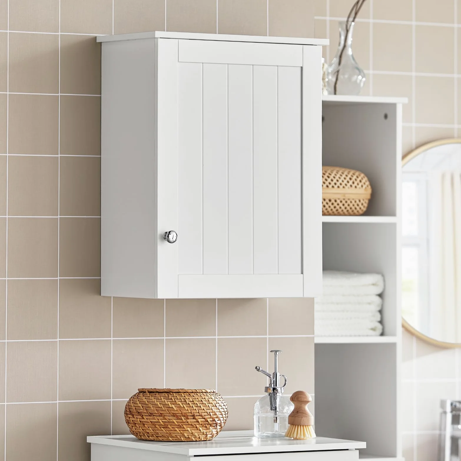 SoBuy Armario de Pared para Baño – Mueble de Baño Colgante con Puerta y Estantes Ajustables, Armario de Madera para Cocina, Pasillo – Vitrina Pared, Blanco, 40x52x23cm, BZR19-W