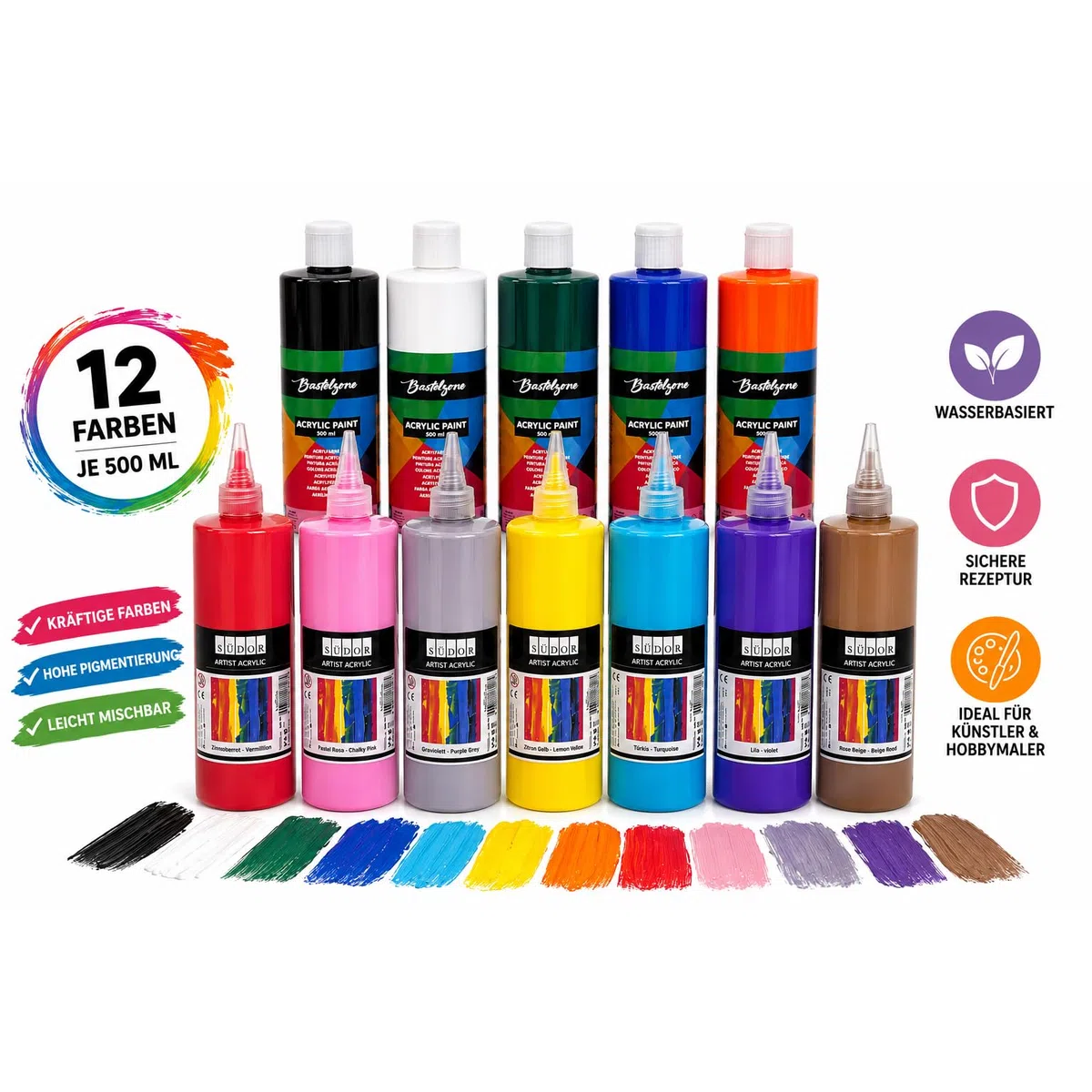 SÜDOR Juego de 12 pinturas acrílicas de 500 ml. Colores base altamente pigmentados. Pinturas opacas para madera, piedra, lienzo, papel, tela, cuero, metal. pinturas para todo uso