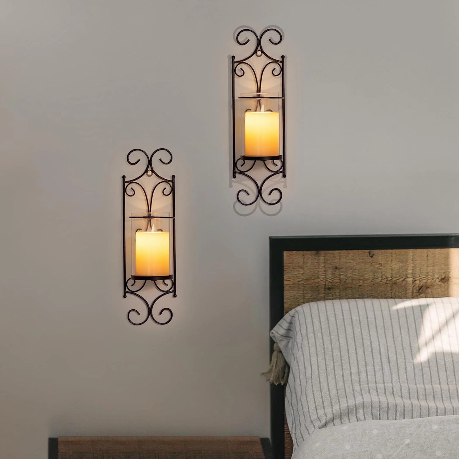 Sziqiqi Portavelas de Pared con Vidrio Hurricane, Candelabros de Columna Decorativos Portavelas Decoraciones Arte de Pared para Sala de Estar Granja Chimenea Baño Comedor