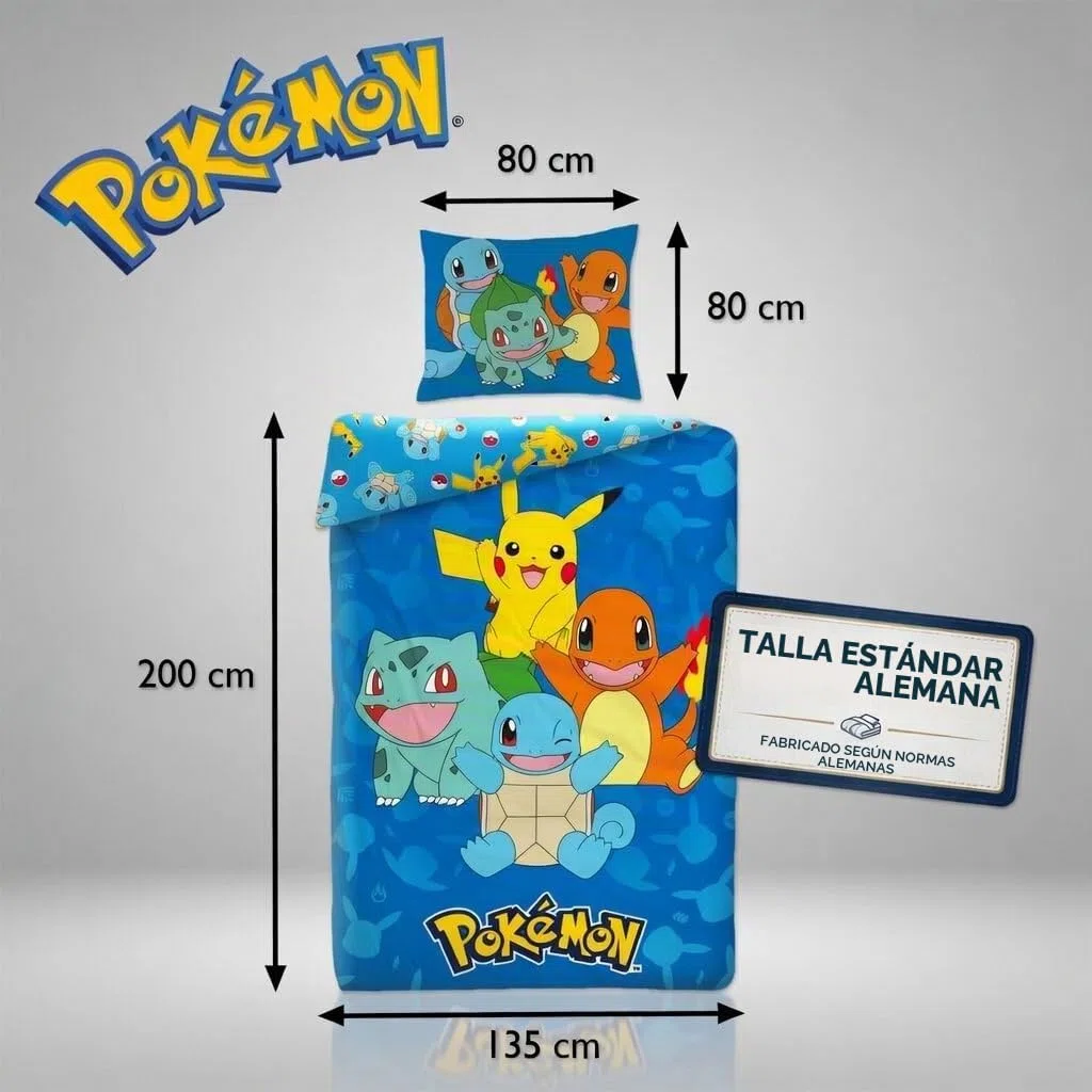 Juego de ropa de cama Pokémon 135x200 + 80x80 · Pikachu, Glumanda, Schiggy & Bisasam · 2 piezas funda nórdica + funda de almohada · Tamaño alemán