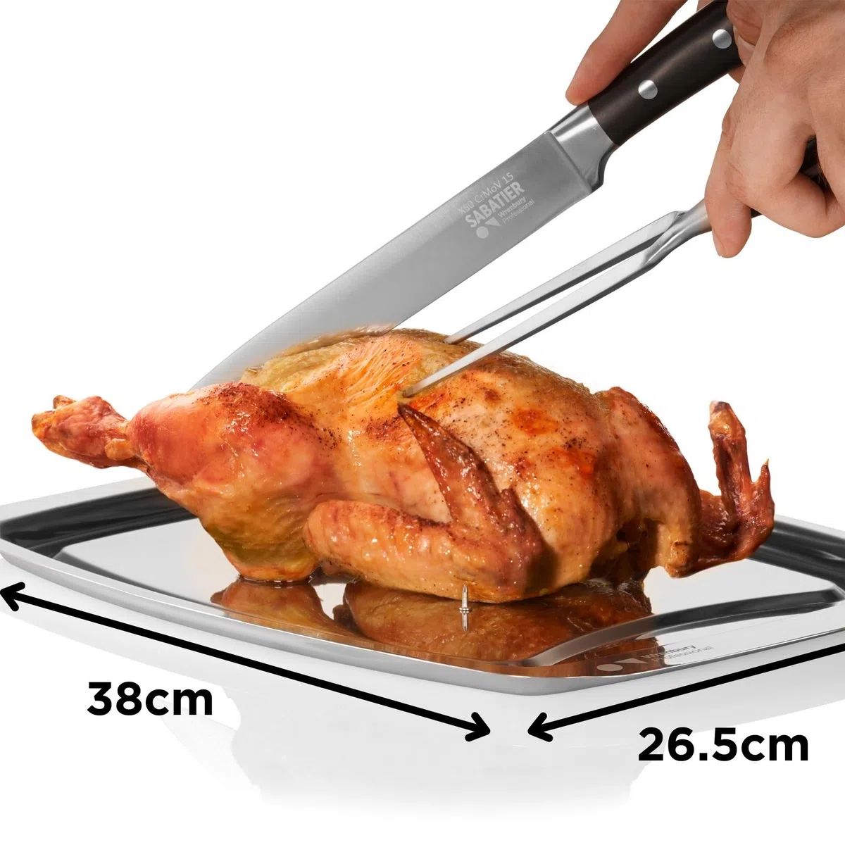Wrenbury Pro - Bandeja para trinchar carne, plato de acero inoxidable con pinchos, plato de corte con pinchos, 38 cm, perfecto para servir pavo