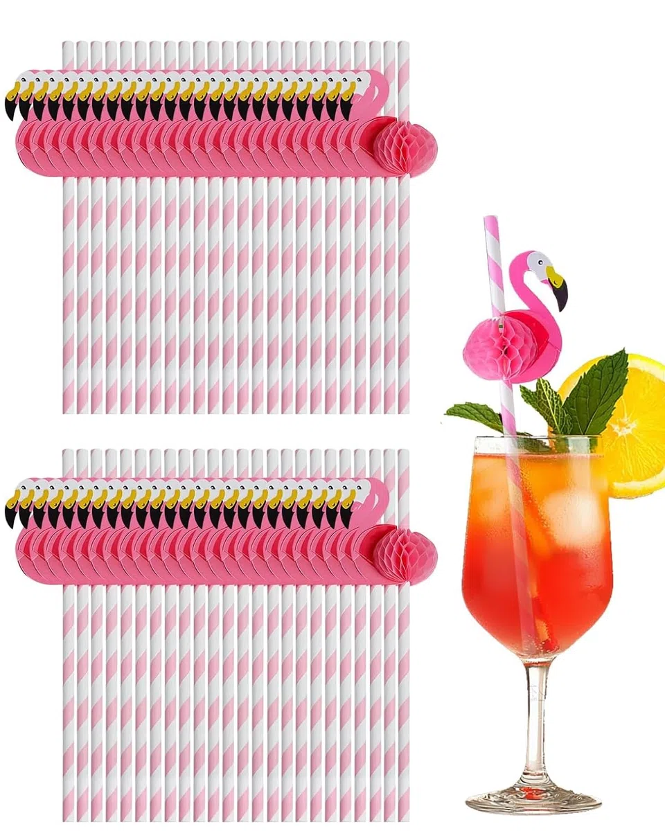 Pajitas de Flamenco 3D, 50 Piezas Biodegradables y Decorativas para Cócteles, Fiestas Temáticas, Decoración Hawaiana y Cumpleaños