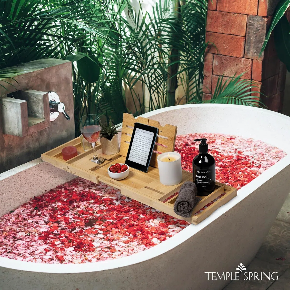 Temple Spring Diseño Único Estante Baño, Bambu Bandeja Baño Plegable, Bandeja Bañera Extensible, Accesorios Bañera – Natural