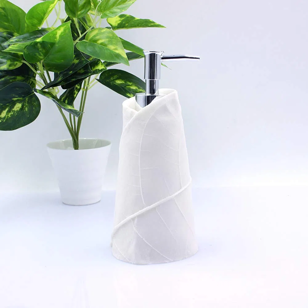 Estilo Moderno Blanco Juego de Accesorios de Baño de Resina Conjunto de Baño con Porta Cepillo de Dientes, 2 Tazas, Dispensador de Jabón Líquido, Jabonera, Diseño de la Hoja,Without Tray