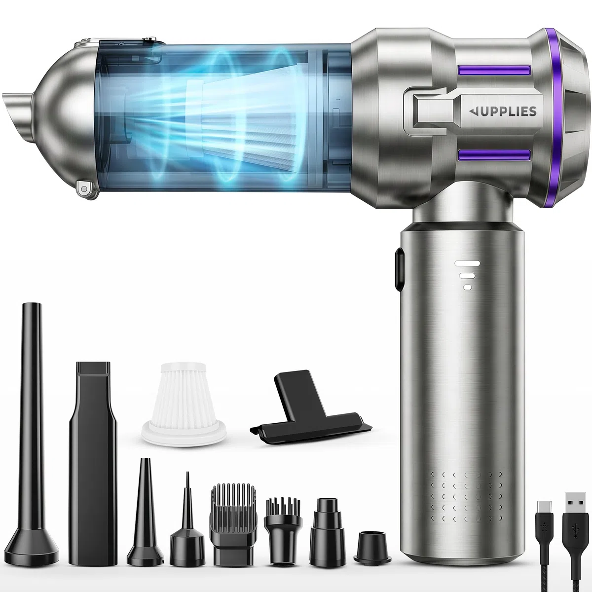 JUPPLIES Aspirador de Mano Inalámbrico Potente, 25000 PA, 3 Intensidades | 4 en 1: Succión, Soplado, Inflado, Vacío | 7 Accesorios, Motor Sin Escobillas | Mini Aspiradora Hogar Coche (Gris)