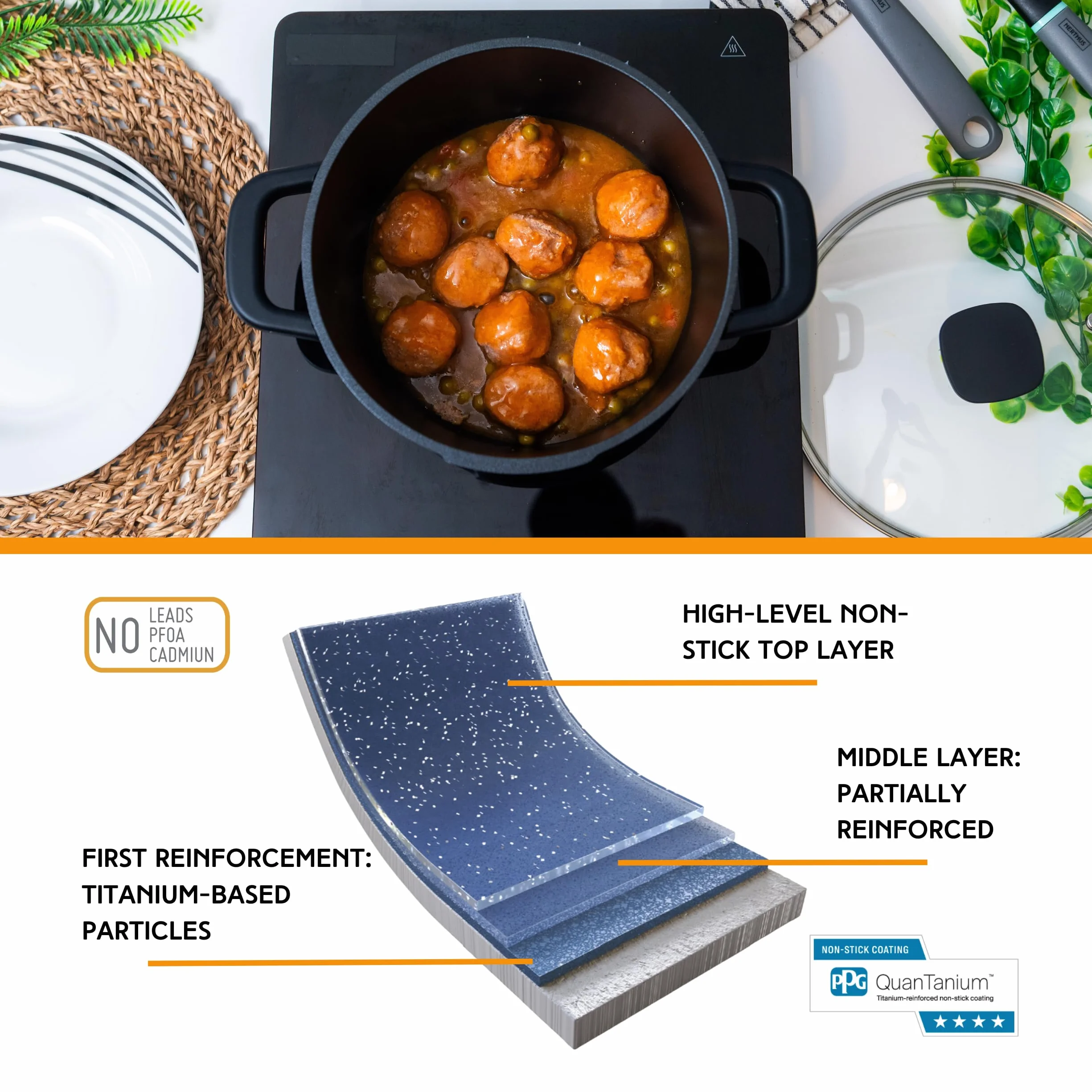 Nerthus FIH 1554 cacerola alta de aluminio fundido con revestimiento antiadherente quantanium apta para inducción, gas y vitrocerámica tapa de cristal con válvula y asas de silicona desmontables
