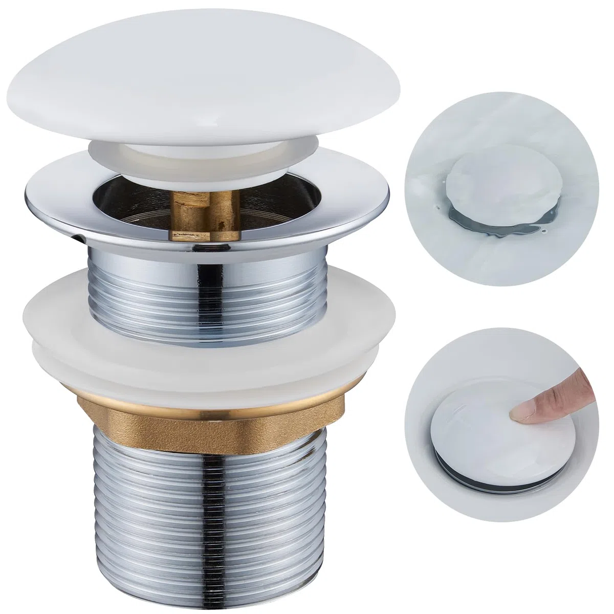 Desagüe Lavabo sin Rebosadero, Ulytid Tapon Pop Up Lavabo con Tapa de Cerámica, Válvula Desagüe Click Clack Lavabo Universal G1 1/4" para Fregadero Baño y Aseo, Blanco
