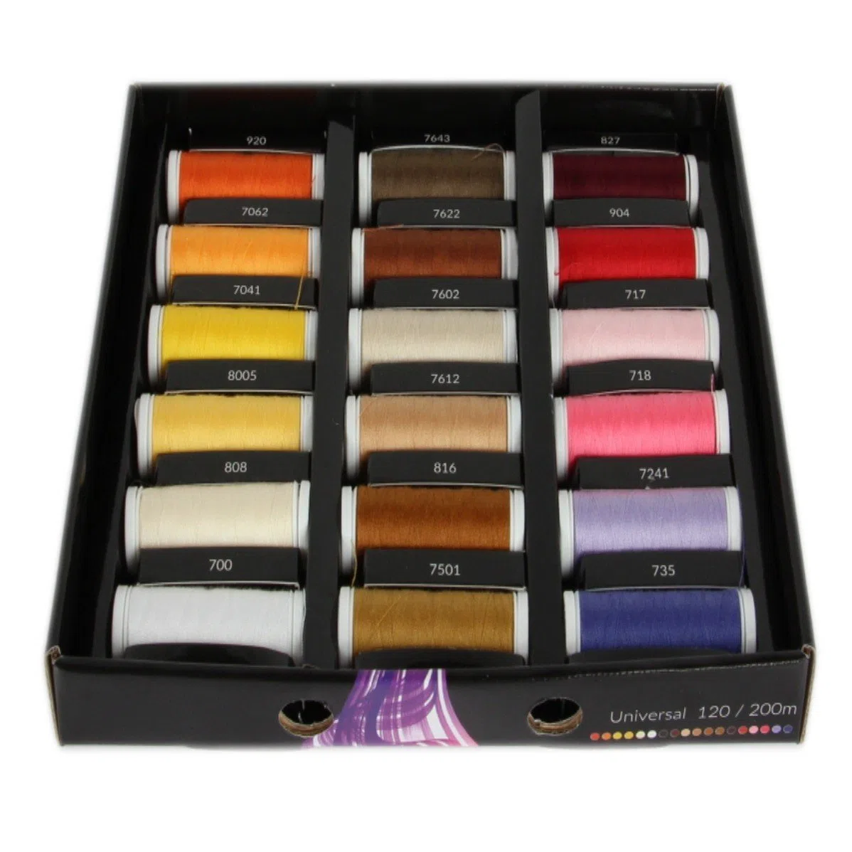 Ackermann 36 Colores x 200 m Universal 120 Hilos de Coser (Todo en uno) en una práctica Caja Universal de 120 Hilos de Coser. Surtido de Hilos de Coser.