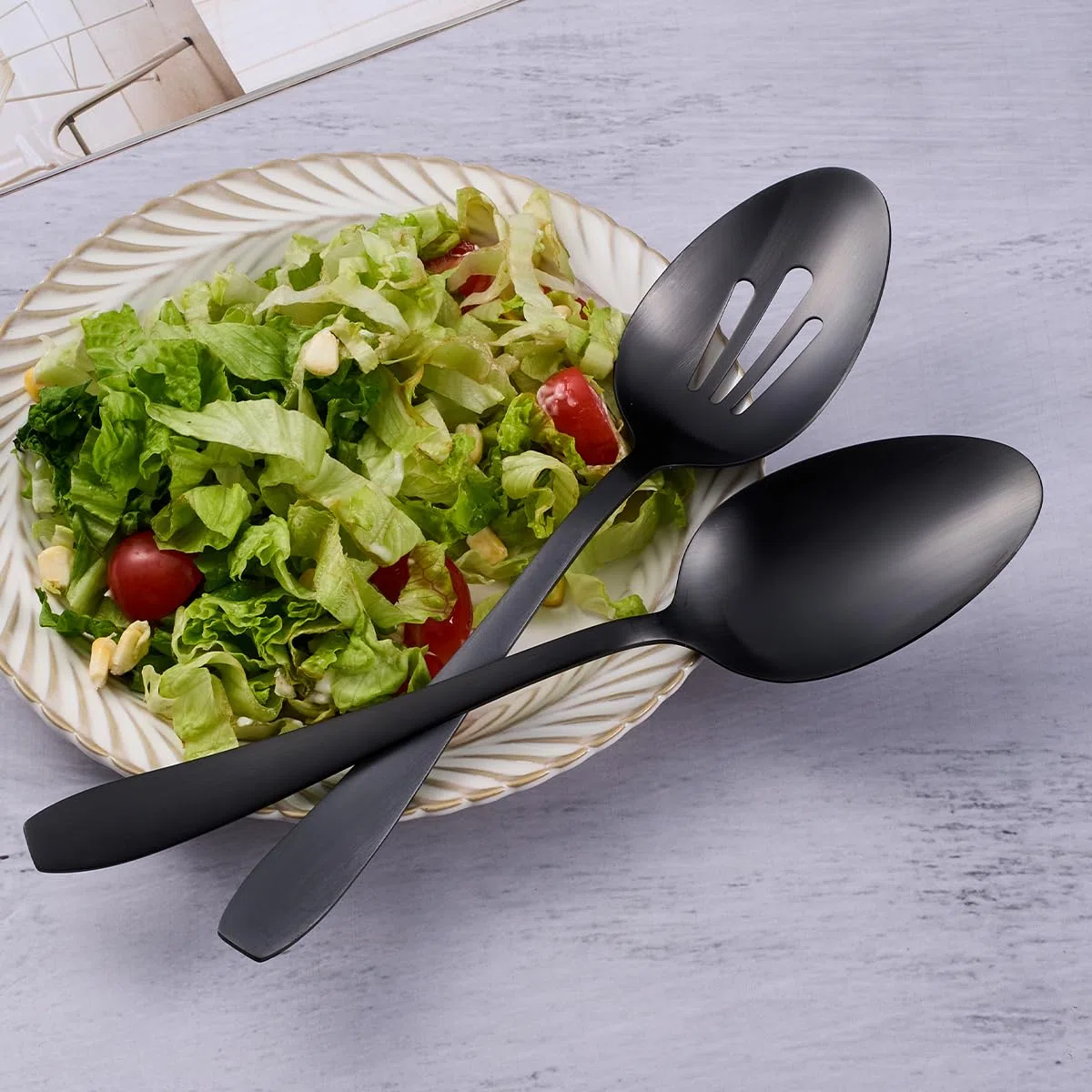Juego de 6 piezas de servir grandes, 3 cucharas y 3 cucharas ranuradas, utensilios de acero inoxidable negro mate de 10.6 pulgadas, aptos para lavavajillas, para cocina, bufé, fiesta