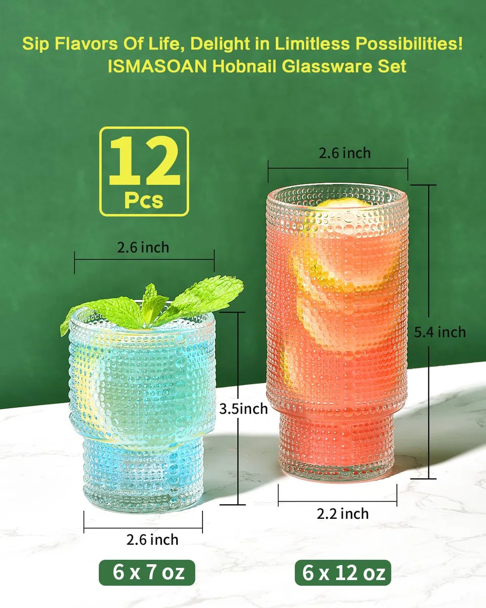 ISMASOAN Hobnail - Juego de 12 vasos de vidrio de 12 onzas y 7 onzas, cristalería de hoballo, cristalería vintage, vaso de agua romántico, vasos de beber, vasos Collins