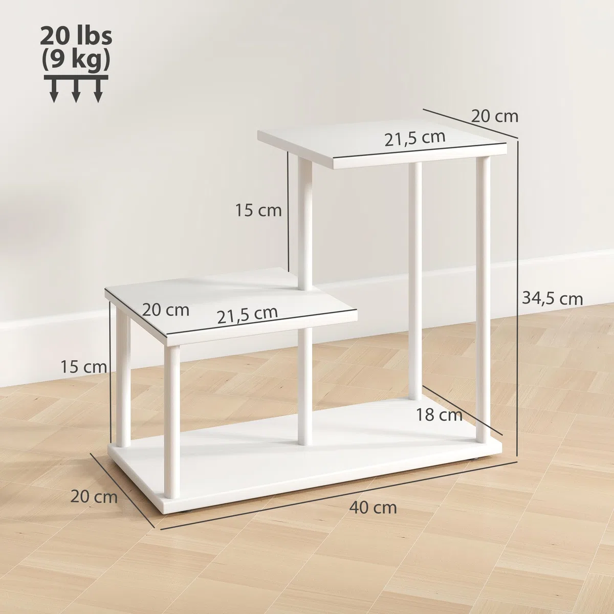 HOMCOM Estantería Efecto Madera Estantería Librería de 3 Niveles Estilo Moderna con Estructura de Metal Estante de Almacenamiento para Escritorio Oficina Cocina 40x20x34,5 cm Blanco