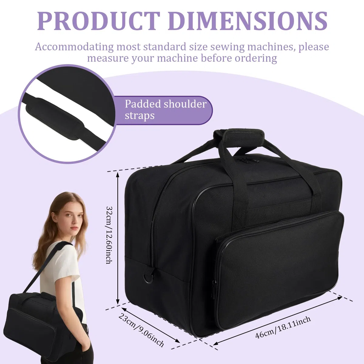 Maletín para máquina de coser, impermeable, con correa para el hombro y asas, 46 x 23 x 32 cm, maletín universal para la mayoría de máquinas de coser estándar y accesorios, Negro , large