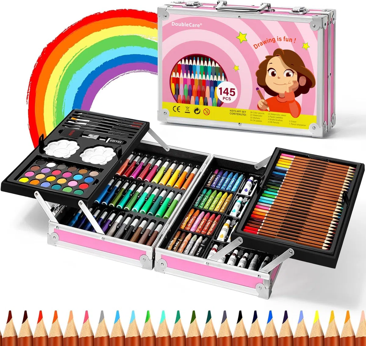 DoubleCare - Juego de arte de 145 piezas, caja y kit de dibujo de aluminio portátil de lujo para niños y adultos, adecuado para equipos de dibujo diarios, regalos de cumpleaños, regalos