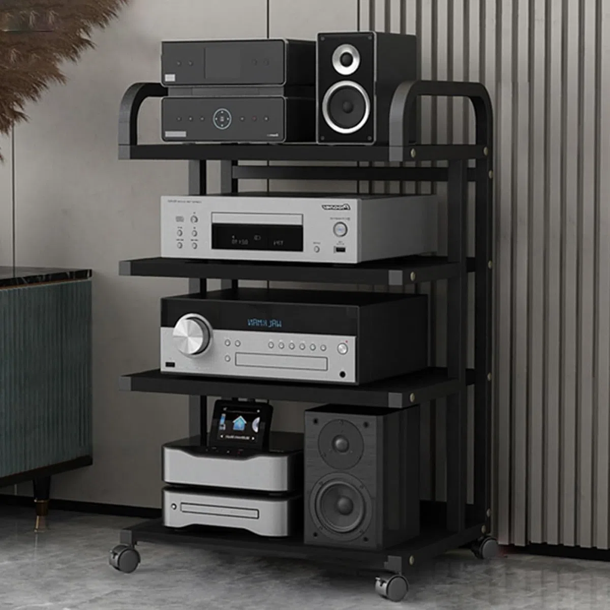 Soporte de medios AV resistente, gabinete estéreo y reproductor de discos, torre de audio y CD, solución de almacenamiento AV para sala de estar, oficina y estudio de grabación (negro, 85,5 x 50 cm)