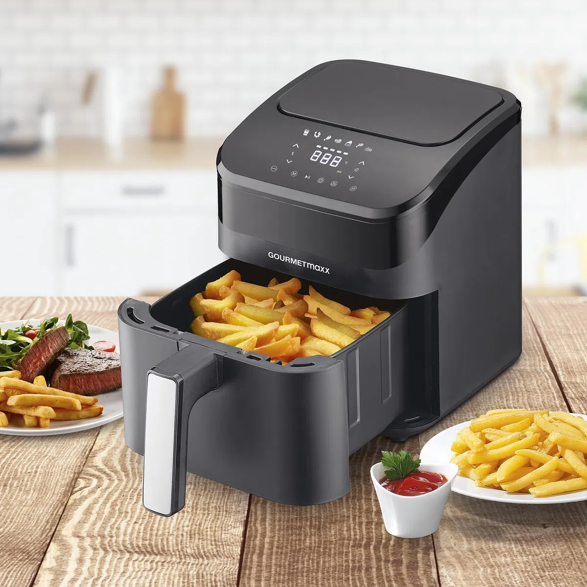 GOURMETmaxx Freidora de aire caliente digital de 4 litros, airfryer con temporizador y pantalla táctil, freidora con funciones y programas versátiles, freidora de ahorro de energía, prácticamente sin