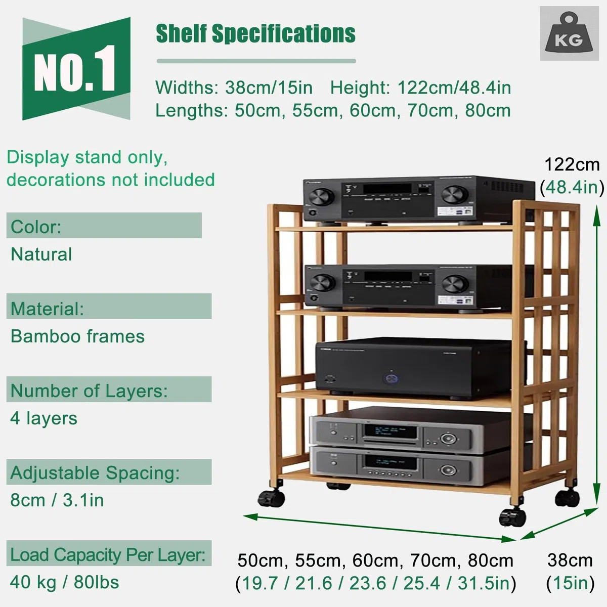 Soporte de alta fidelidad de altura ajustable, estante de 5 niveles y armario para TV, reproductores de DVD, cajas de cable y grabación, ideal para entretenimiento en casa (90 x 38 x 123 cm)