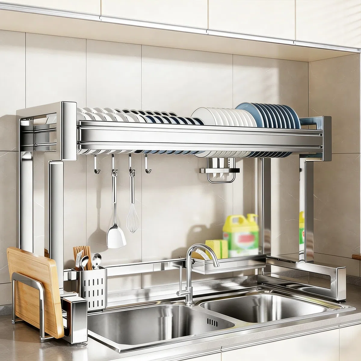 Escurridor de platos de acero inoxidable 304 que ahorra espacio para almacenamiento de cocina, platos, vasos, cubiertos