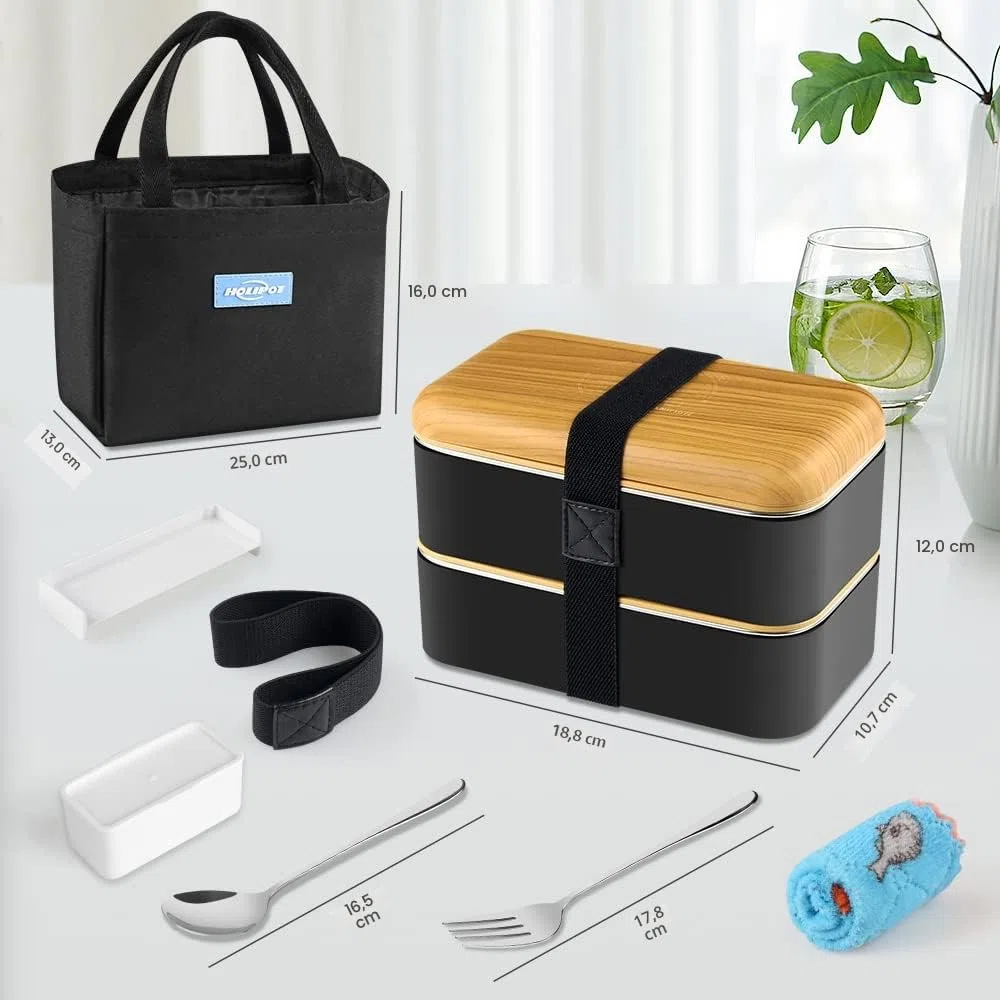 Fiambrera, Bento Lunch Box Estilo Japonés con Bolsa Termica Porta Alimentos, Cuchara y Tenedor Para Adultos Niños