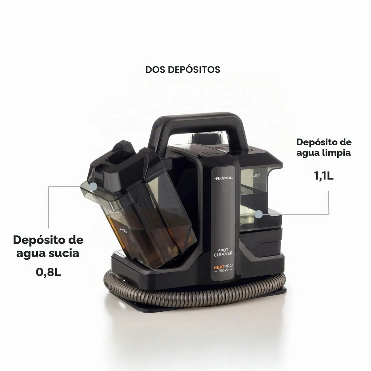 Ariete 2482 Spot Cleaner Heat Pro 750 W, limpiador para alfombras y tapicerías, mopa, 750 W, 2 depósitos, negro