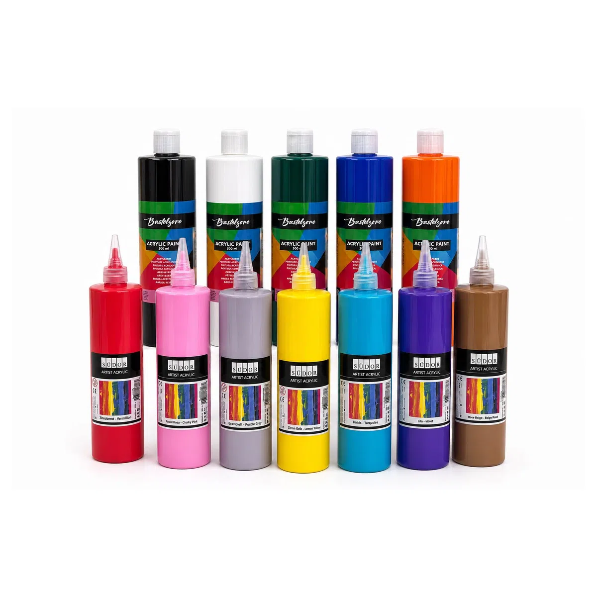 SÜDOR Juego de 12 pinturas acrílicas de 500 ml. Colores base altamente pigmentados. Pinturas opacas para madera, piedra, lienzo, papel, tela, cuero, metal. pinturas para todo uso