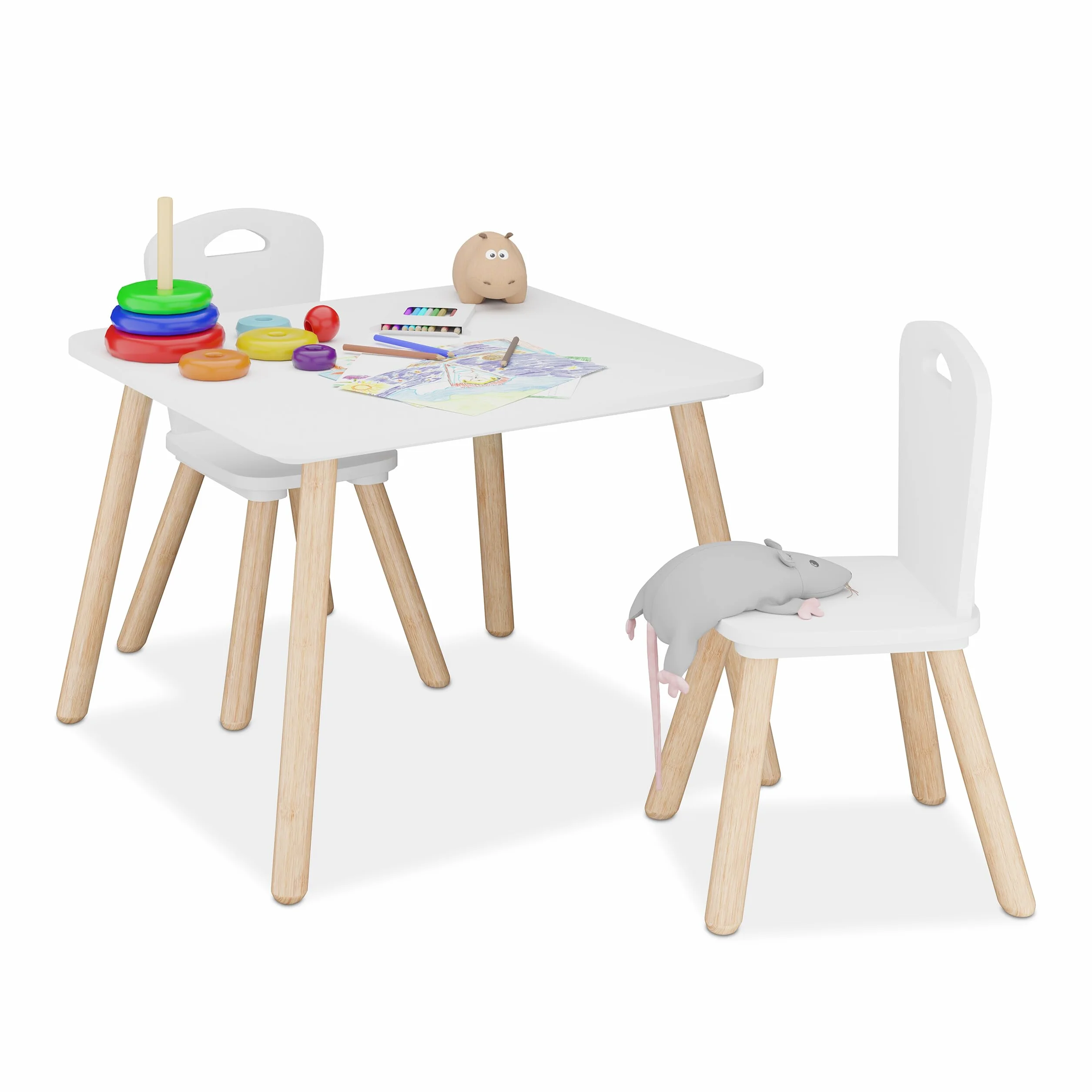 Relaxdays Mesa y 2 Sillas Infantiles, Conjunto Mobiliario Niños 3 Piezas, Set Muebles Dormitorio, Blanco y Natural