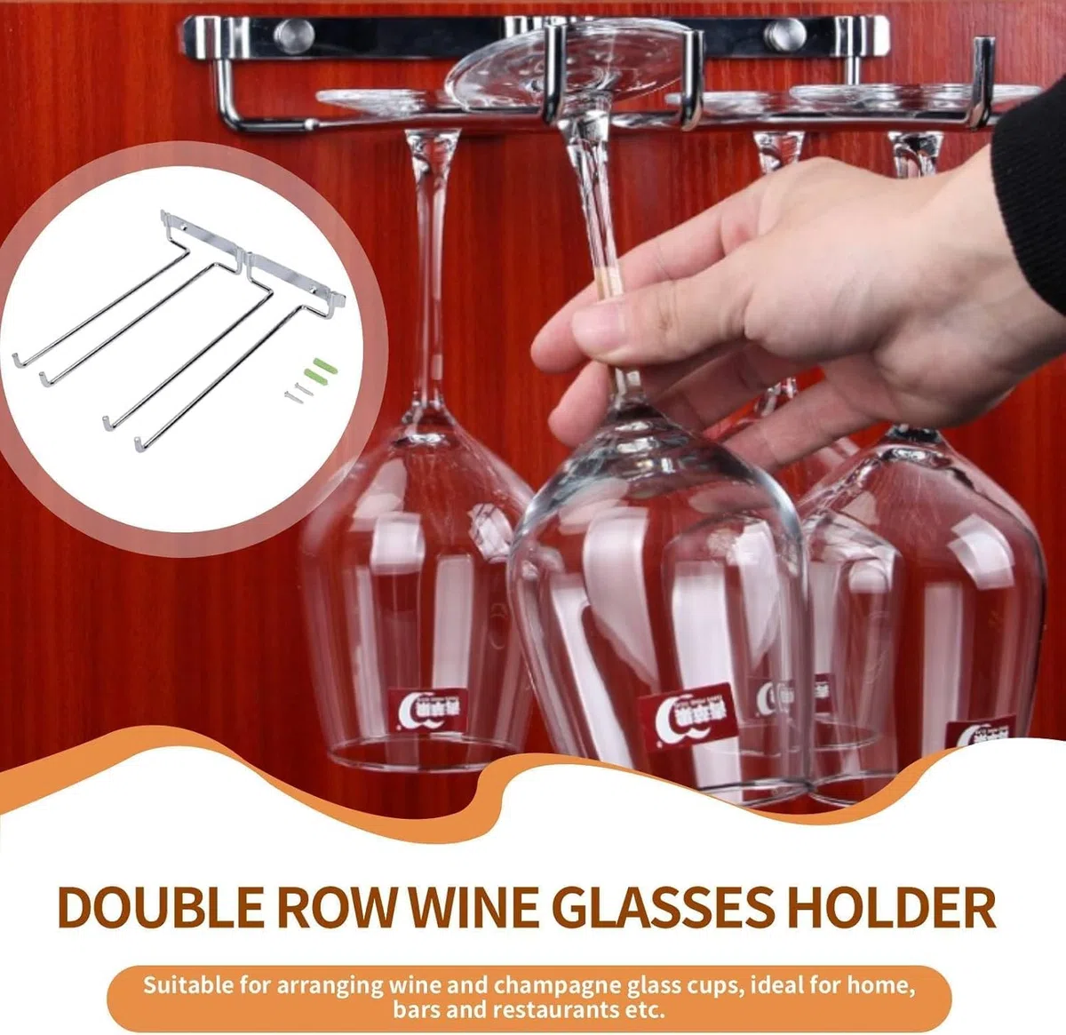Tyenaza Colgador de Copas de Vino, Soporte Copas Colgante, Debajo del Gabinete Estante para Vino, Estante para Copas de Vino de Pared Cromado de Doble Fila, para Hogar Bar Restaurante(26x25x4cm)