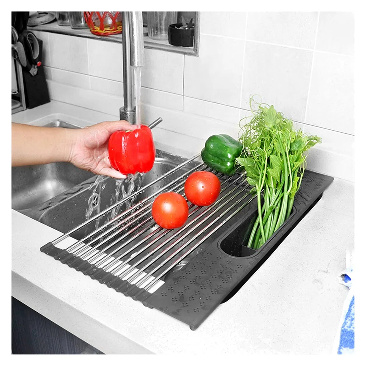 Colador Enrollable Rejilla para secar Platos Fregadero Escurridor de Platos rodante Rejilla para Fregadero Alambre de Acero Inoxidable Soporte para Almacenamiento de Fregadero Coladores/Cola