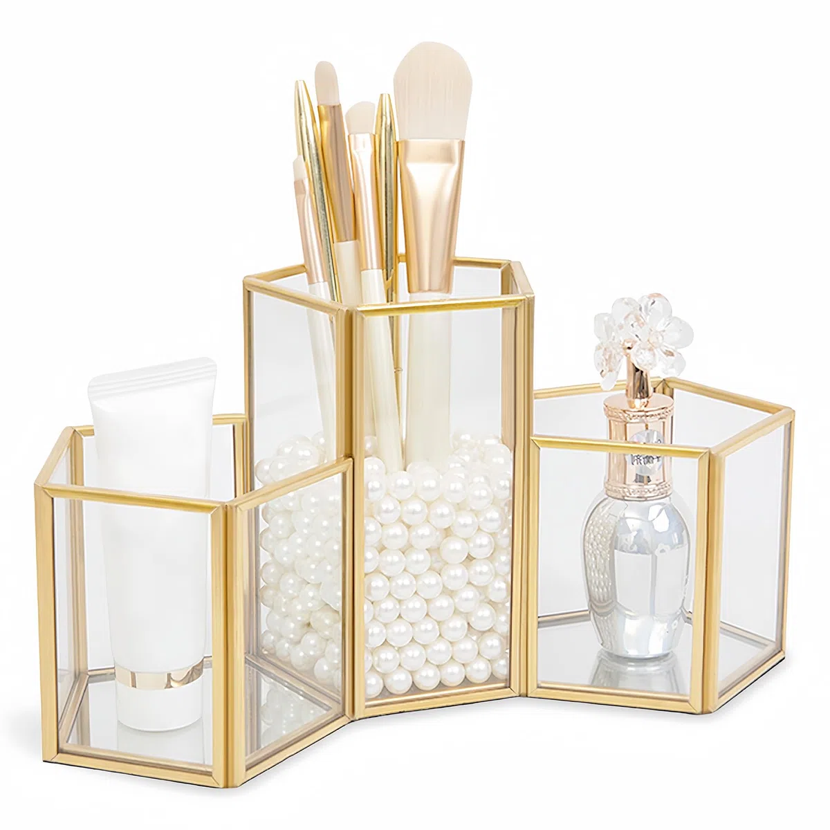 HARLIANGXY Soporte para brochas de Maquillaje Vidrio, Organizador de cosméticos, Organizador de maquillaje, Recipiente para Brochas de Maquillaje, Almacenamiento de Cosméticos Dorado