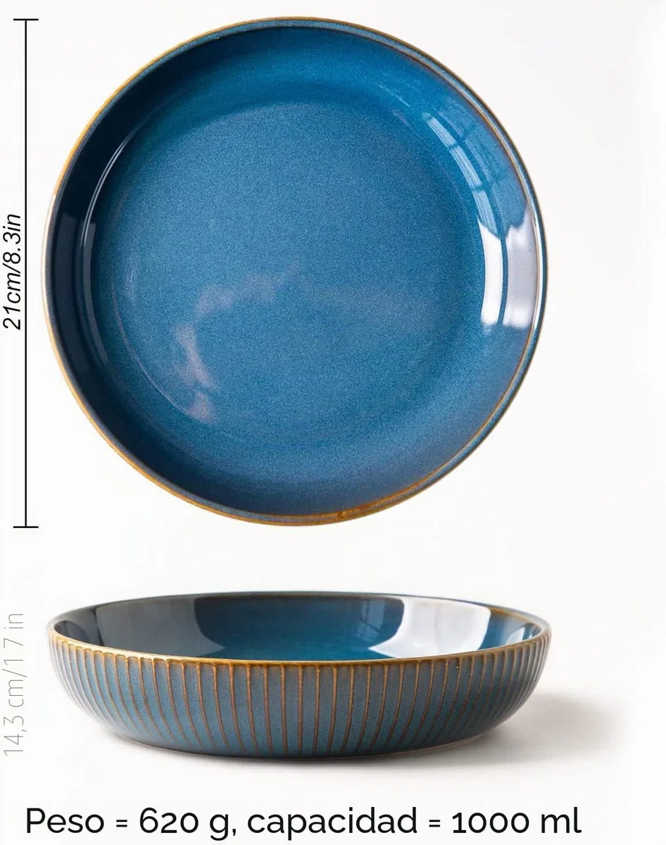 CSYY 21 cm Platos Hondos, 4 azules Platos para pasta, Platos Juegos de Porcelana, 1000 ml Platos llanos Platos para Ensalada Juegos