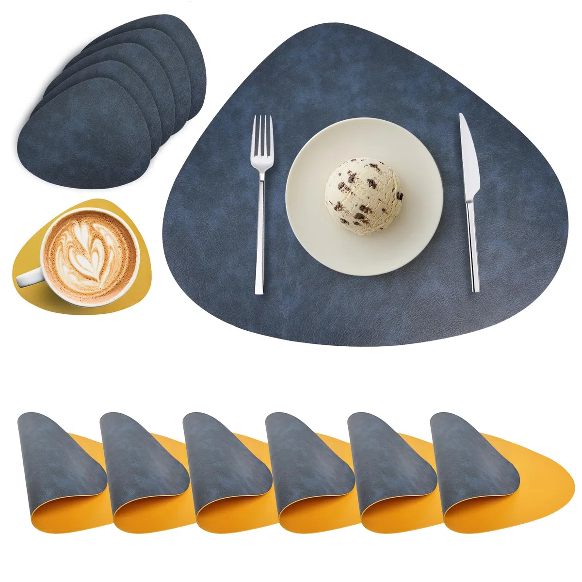Manteles Individuales y Posavasos Lavables de Cuero Sintético - Redondos, Impermeables y Antideslizantes de Doble Cara (Juego de 6, Azul Amarillo)