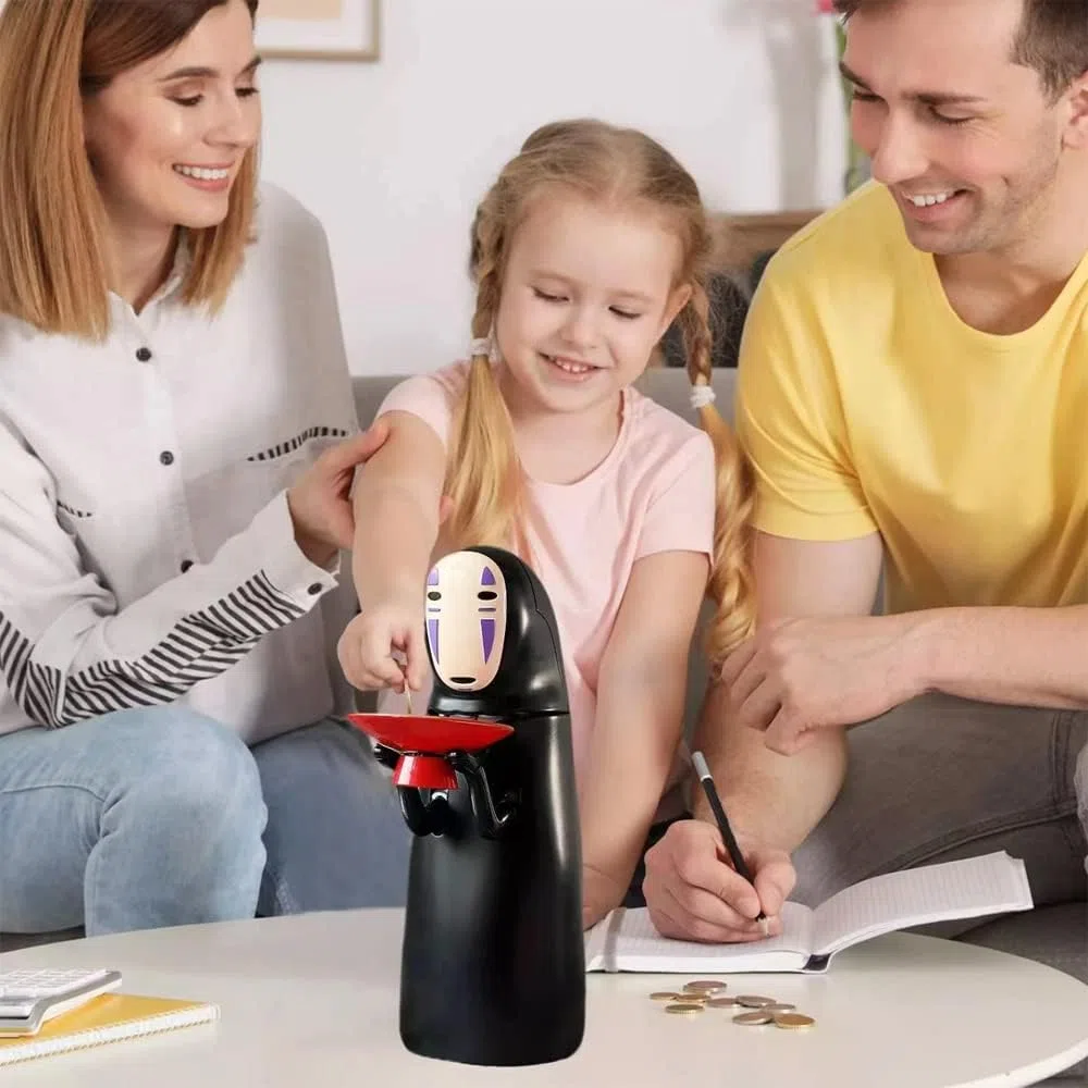 DUTTY Hucha Masculina sin Rostro de Dibujos Animados exquisitamente elaborada, con Efectos de Sonido, Movimiento Flexible y deglución automática de Monedas.
