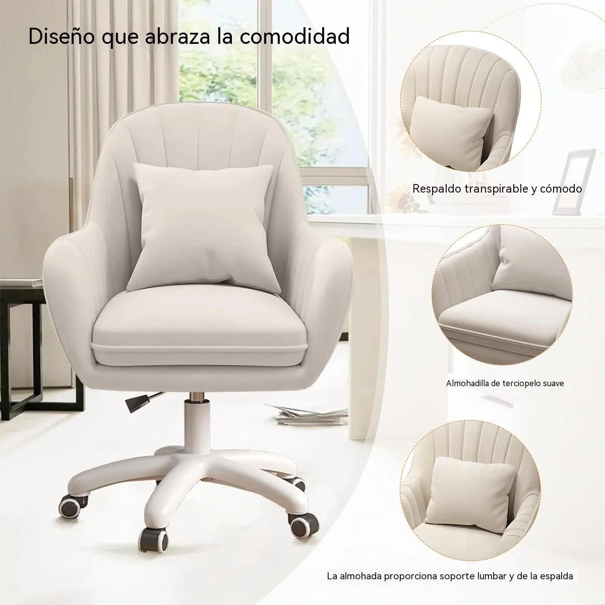 Silla de Oficina para el hogar Sillas de Terciopelo para tocador Silla de Maquillaje con Ruedas Sillas de Ordenador con Respaldo Medio Silla giratoria pequeña con Ruedas y Altura Ajustable